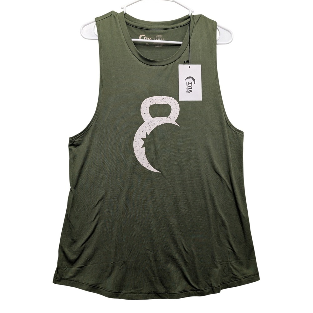 NWT Zyia Active Kettle Moon Tank Womens XL Olive Green Graphic Muscle Tee 924XL